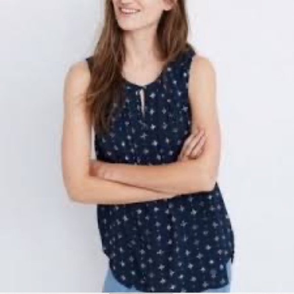 Madewell Memory Medallion Dot Sleeveless Blouse Blue Tank With Keyhole Style XXS - Picture 10 of 10